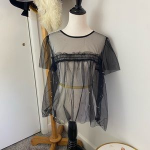 Mesh Black Ruffle Top with Blingy Beading